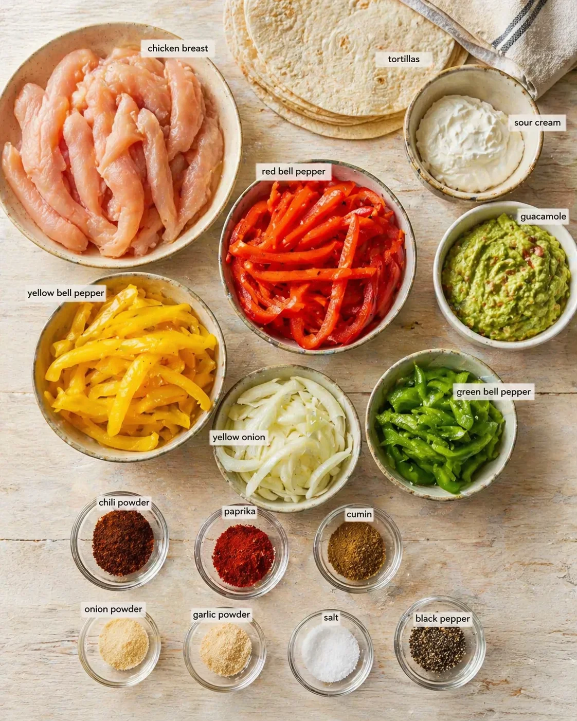 Top-down view of labeled bowls with chicken, peppers, tortillas, sour cream, guacamole, and spices.