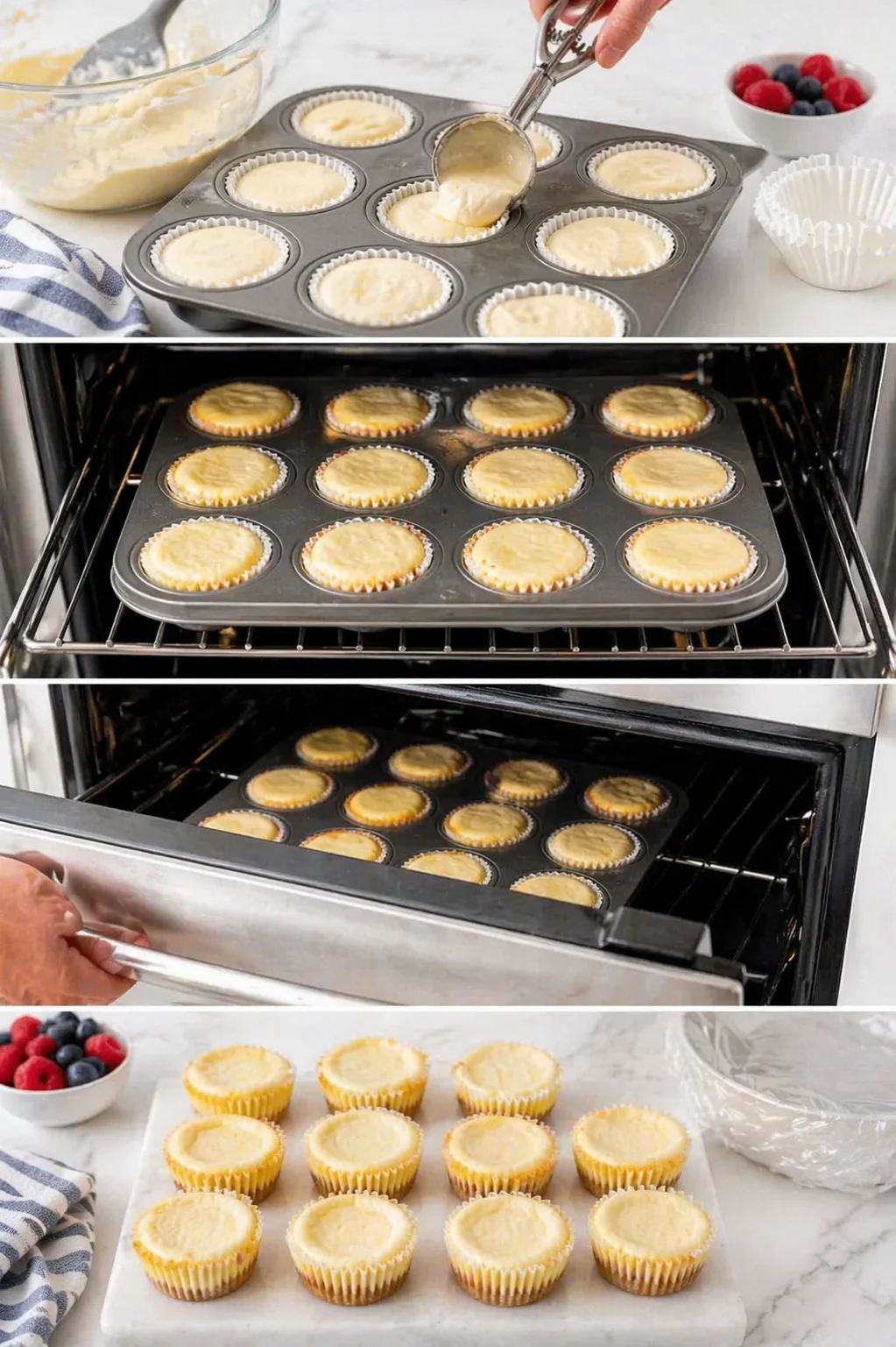 collage showing batter-filled muffin cups, muffins baking, and cooled vanilla muffins on a marble board
