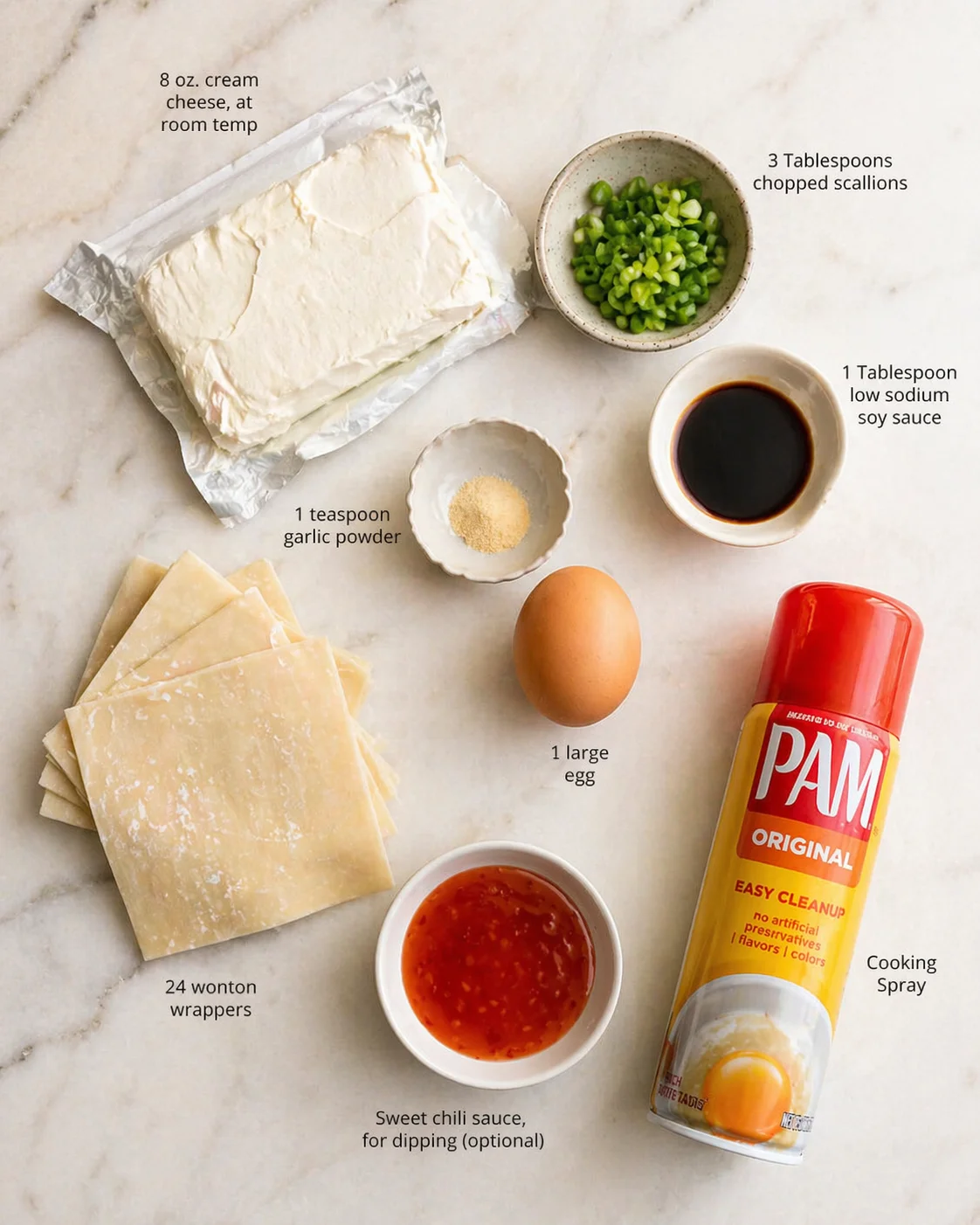 Overhead view of wonton-ingredients laid out with labeled quantities