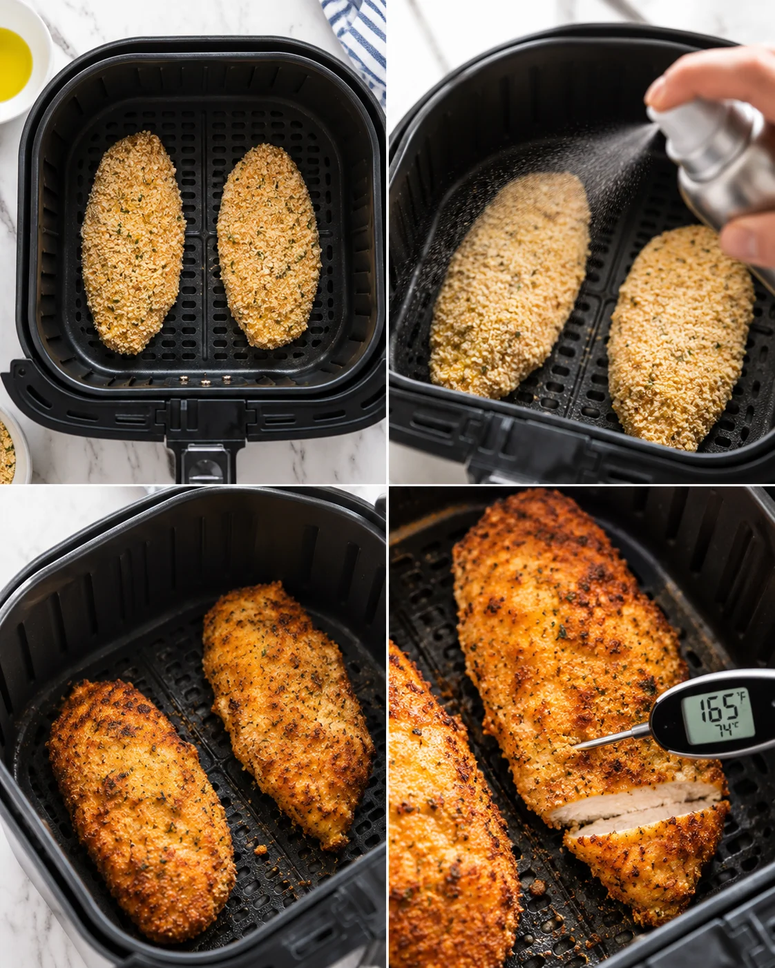 collage showing air fryer chicken tenders being breaded, sprayed, browned, and checked with a thermometer