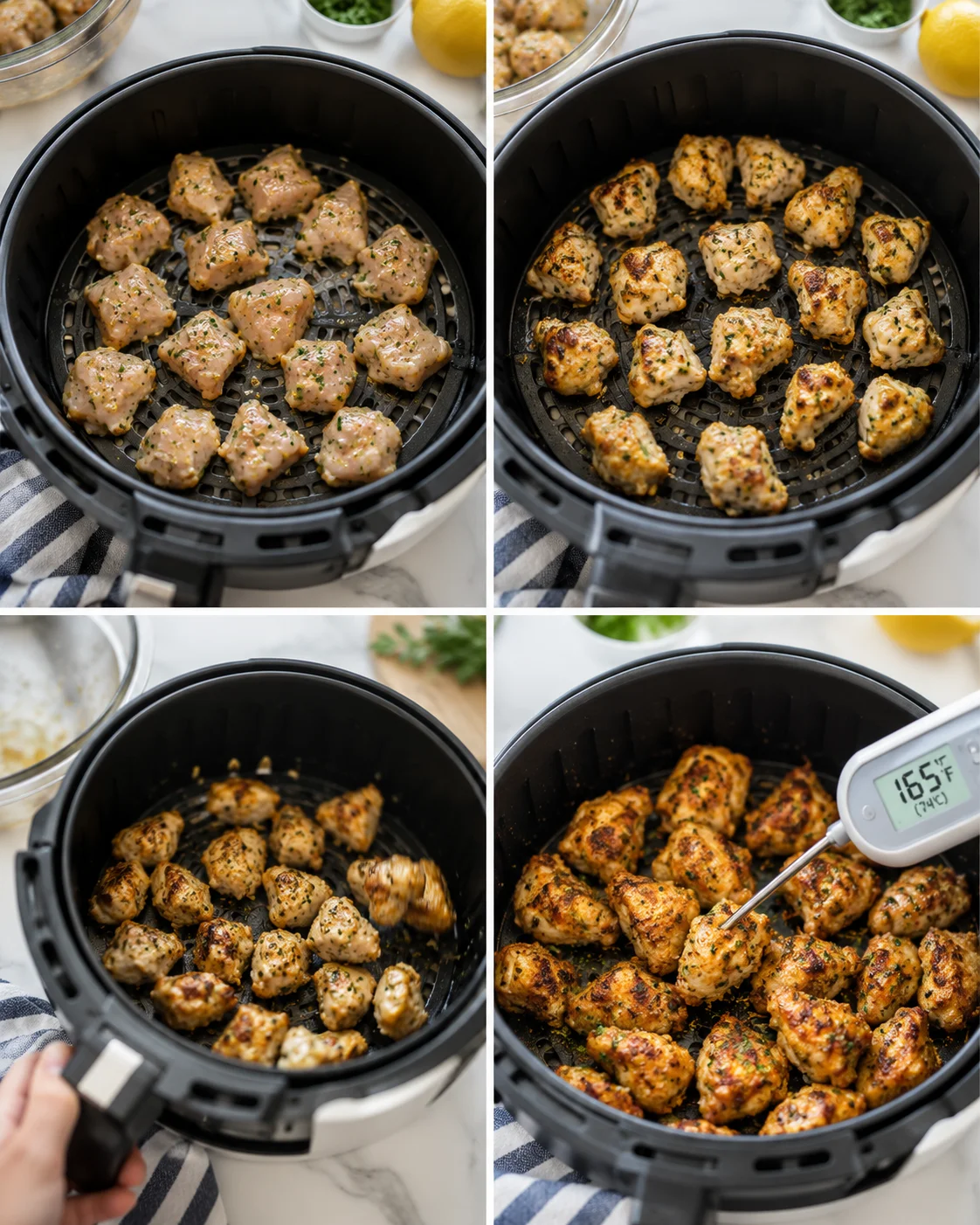 four-panel collage of air-fryer chicken bites cooking, from raw to browned, with thermometer showing 165°F.