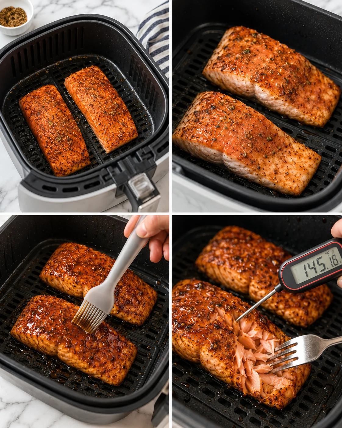 Collage shows salmon fillets in an air fryer, glaze brushing, and a thermometer.