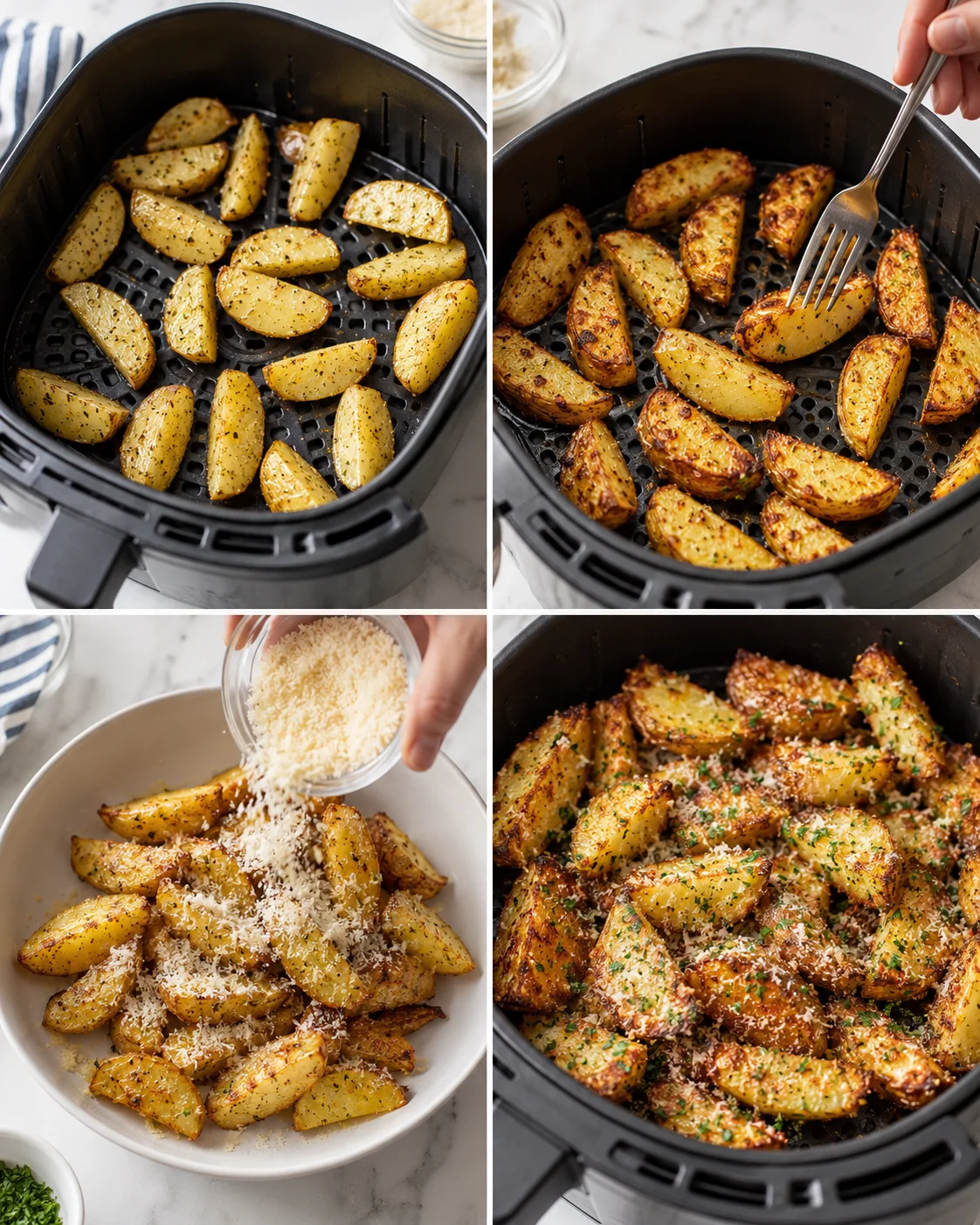 Collage of air-fryer potato wedges at different stages: seasoned, flipped, sprinkled with parmesan and herbs.