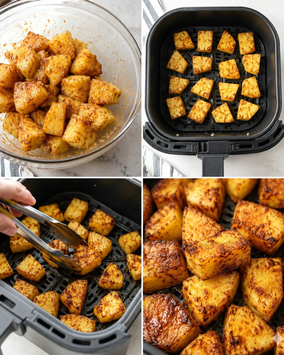 Collage showing spiced potato cubes in a bowl, air fryer basket, and close-up crisp edges.