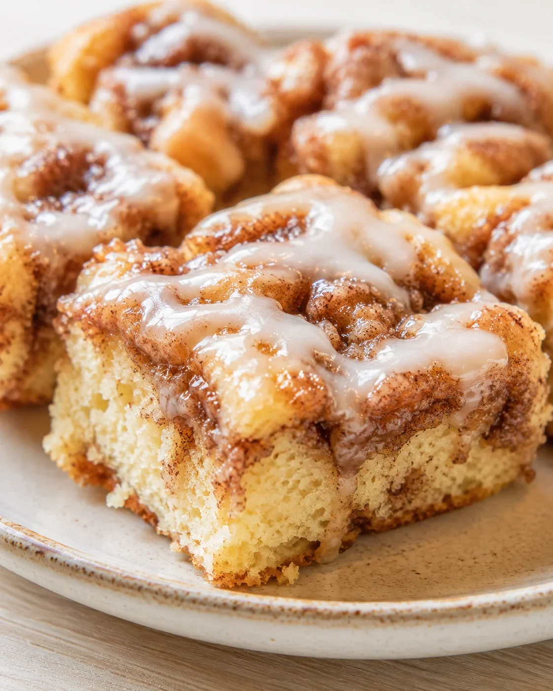 Amish Cinnamon Flop Dessert Close-up of fluffy Amish cinnamon flop with glaze on a plate.