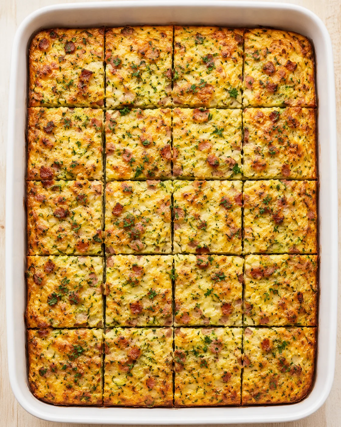 Golden baked cheesy casserole squares with bacon and parsley in a white baking dish.