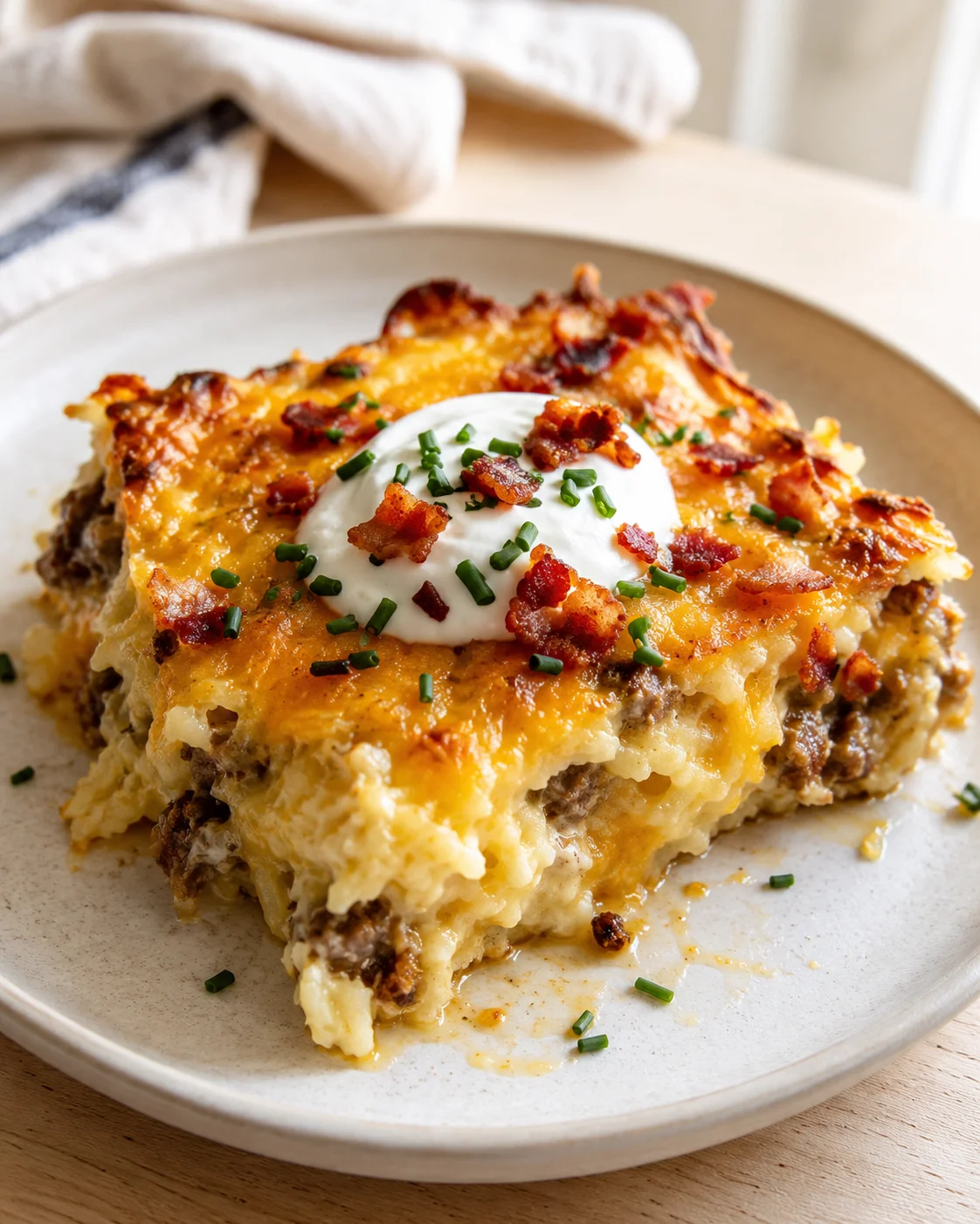 slice of creamy potato and beef casserole topped with melted cheese, bacon, sour cream, and chives.