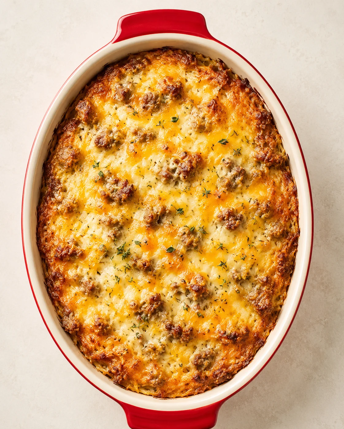 oval red casserole dish filled with bubbling golden-brown cheesy bake, sprinkled with herbs.