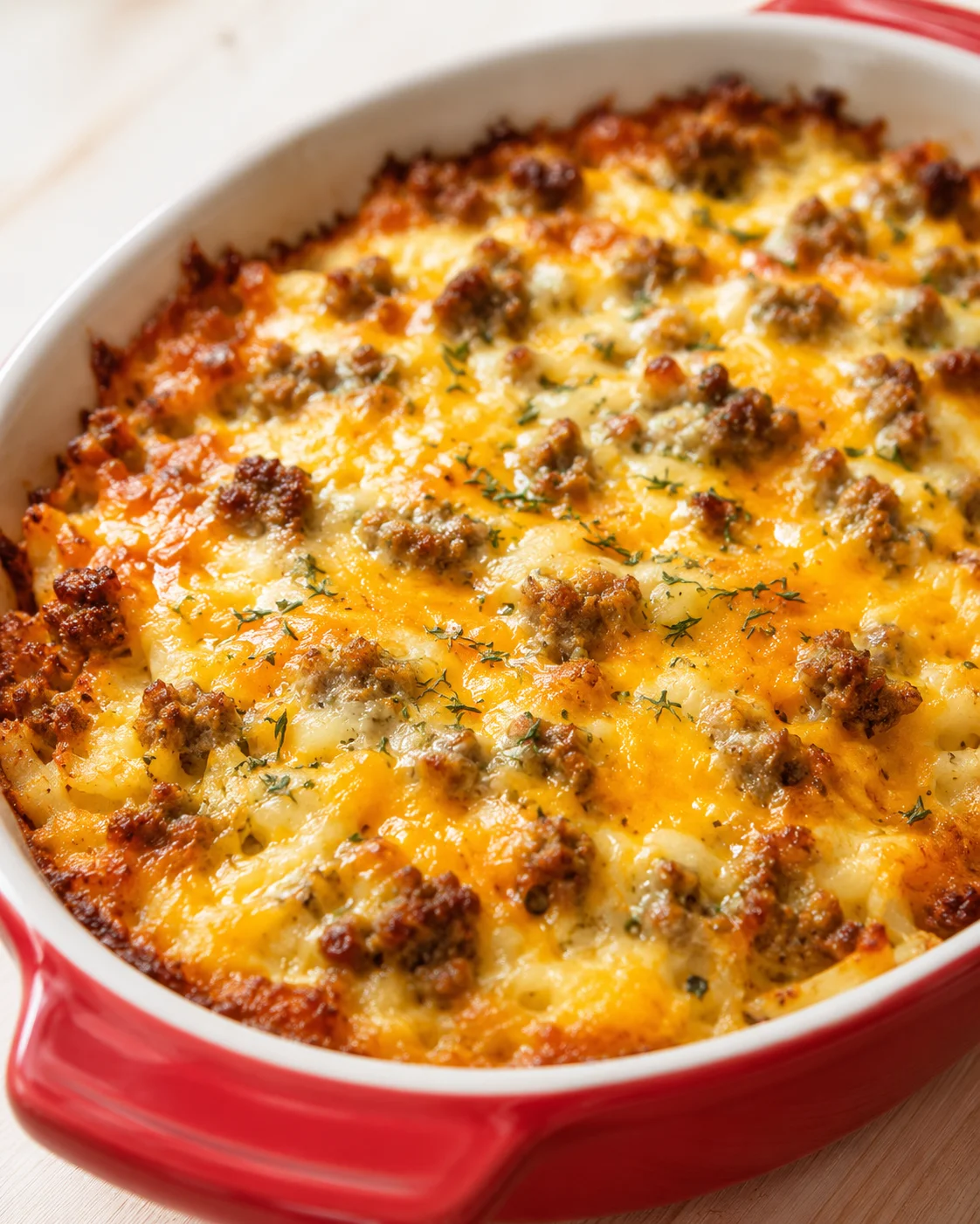 red oval baking dish containing a bubbling, golden cheesy meat casserole.