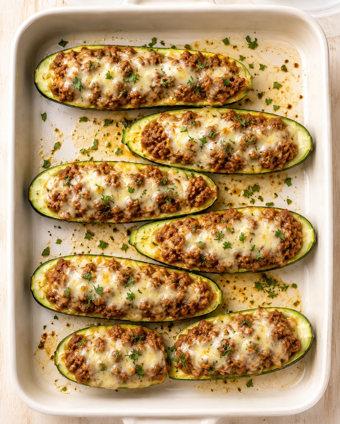 Zucchini boats stuffed with seasoned meat and melted cheese in a white baking dish.