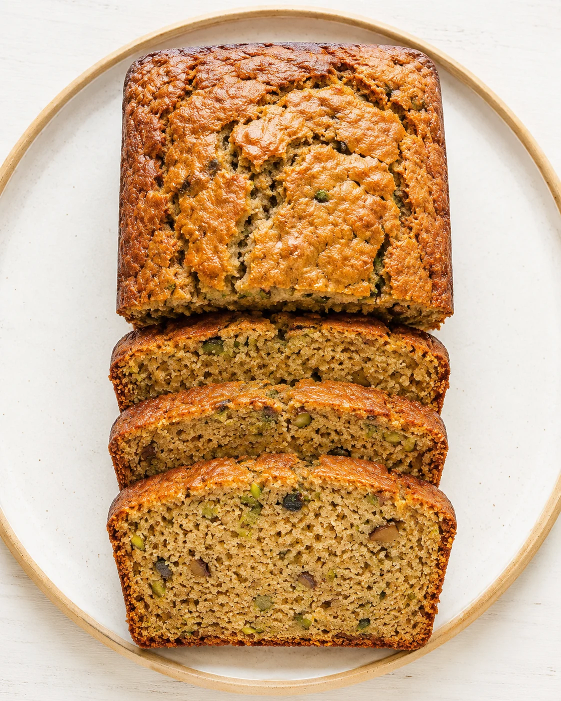 top-down view of sliced banana bread with pistachios on a pale plate