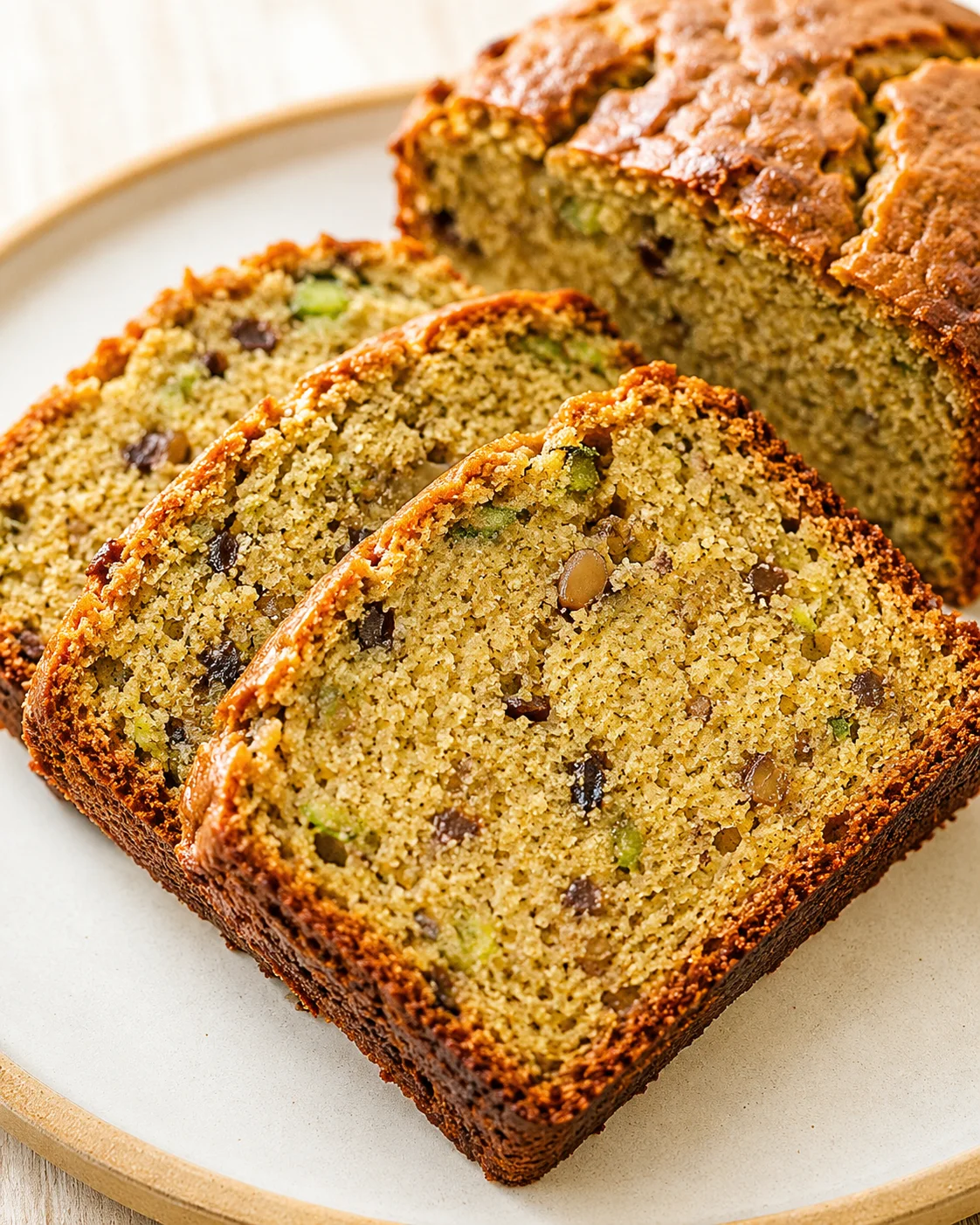 slices of banana bread with pistachios and chocolate chips on a light plate