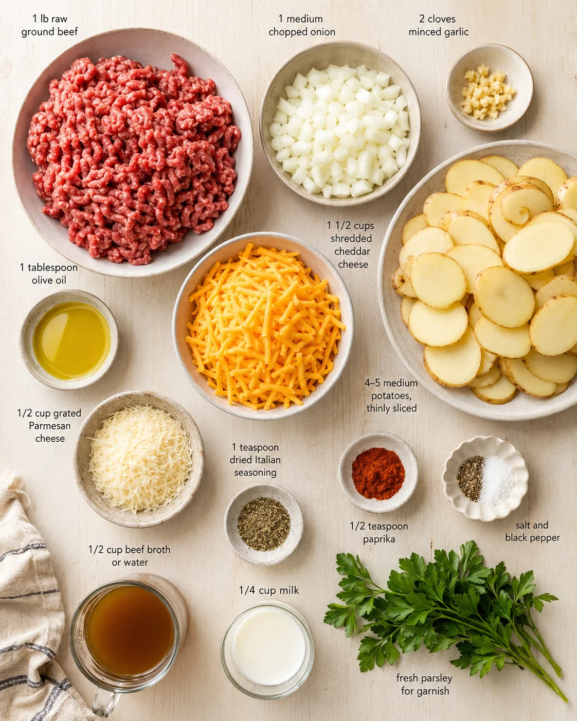Overhead view of ingredients for a cheesy beef and potato bake laid out on a light wooden surface.