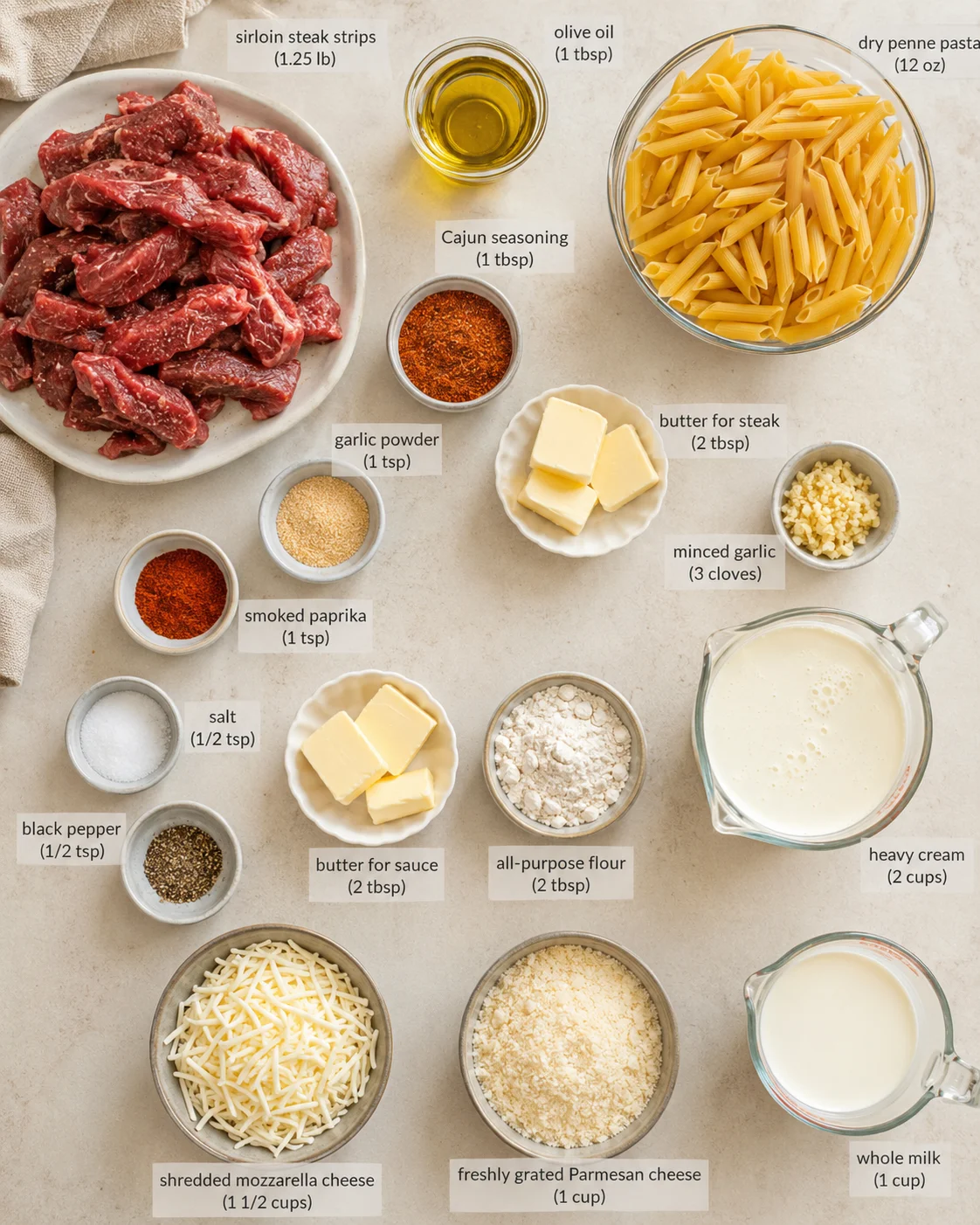 top-down view of labeled beef sirloin, penne pasta, dairy, and spices arranged on a light countertop