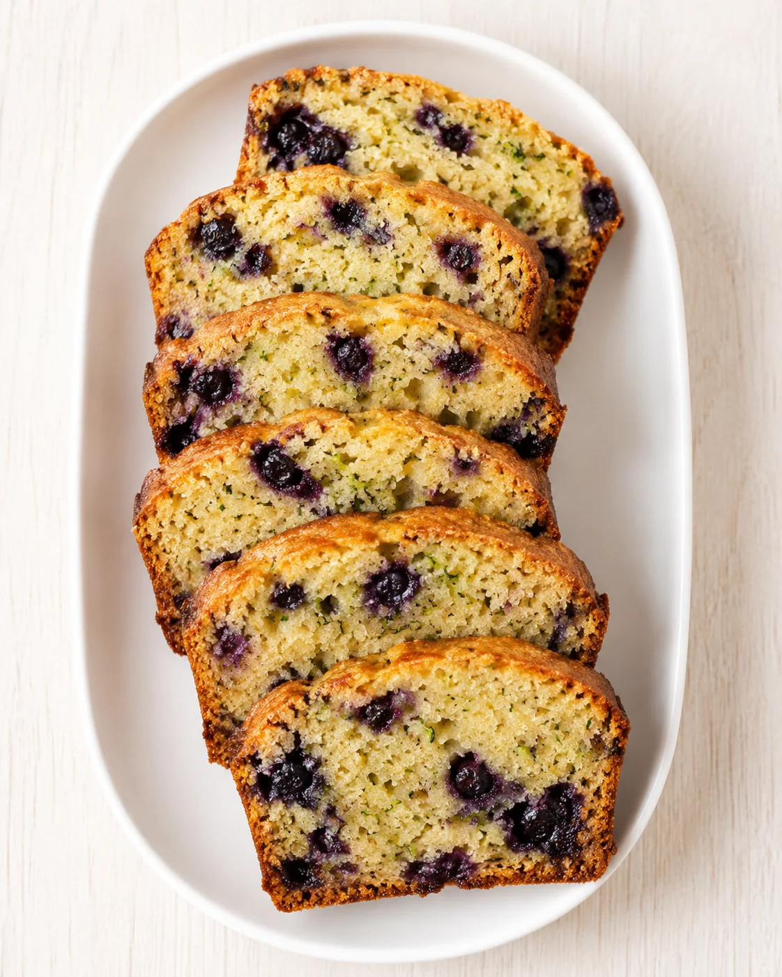 Sliced blueberry loaf on a white oval plate, showing golden crust and blue berry specks in a pale crumb.