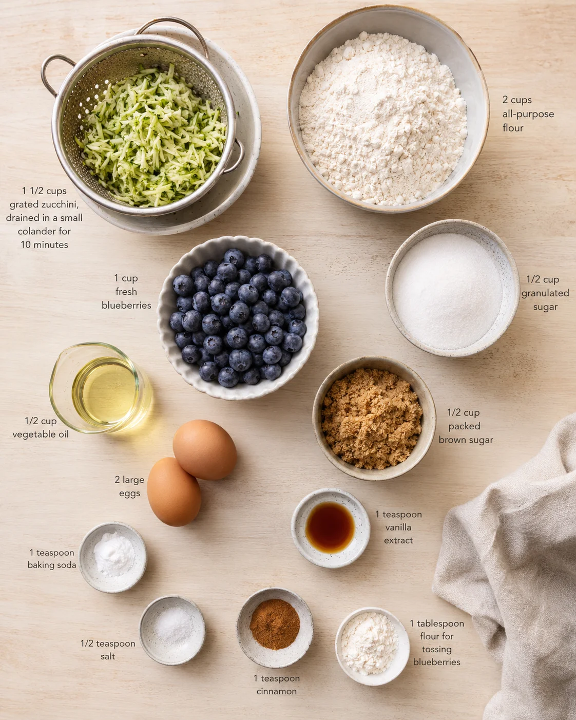 Top-down view of blueberries, grated zucchini, flour, sugars, oils, eggs, and spices arranged for baking.