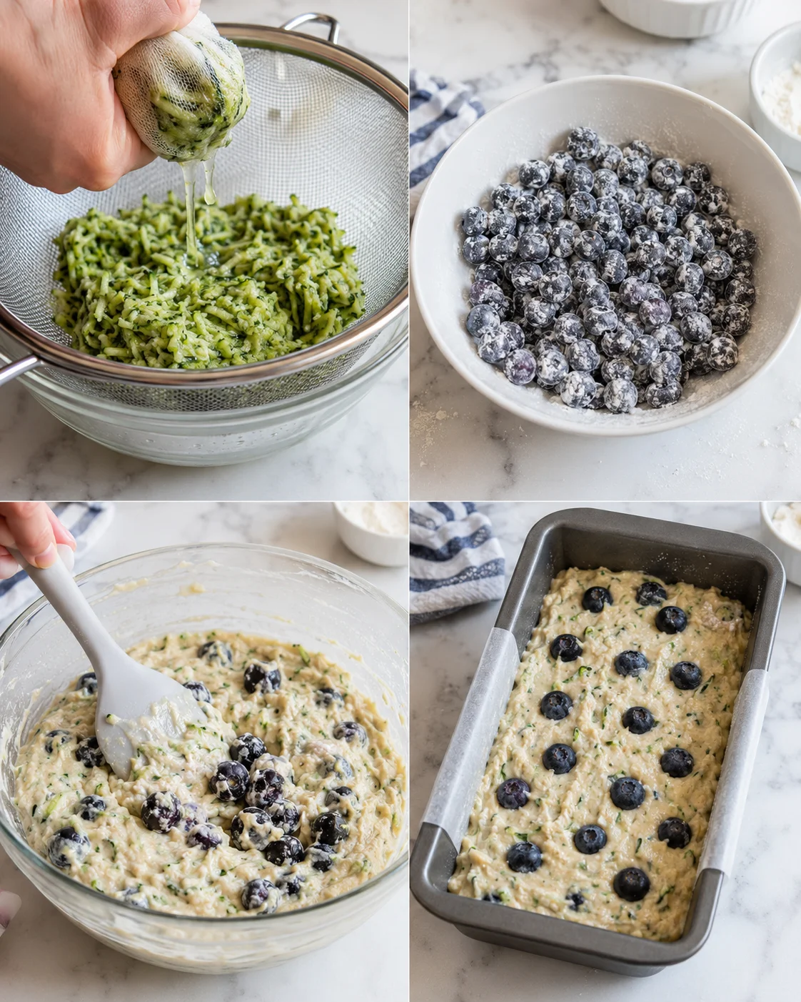 collage showing zucchini squeezed, flour-dusted blueberries, batter with berries, and batter ready in loaf pan.