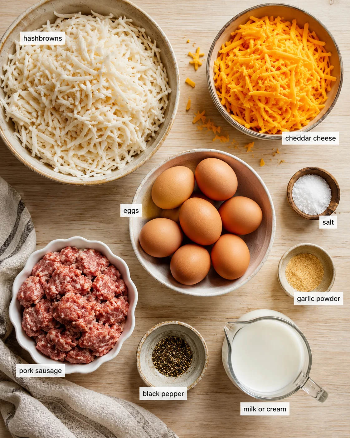 Top-down view of breakfast ingredients: hashbrowns, cheddar, eggs, pork sausage, milk, and spices arranged on a wooden surface.