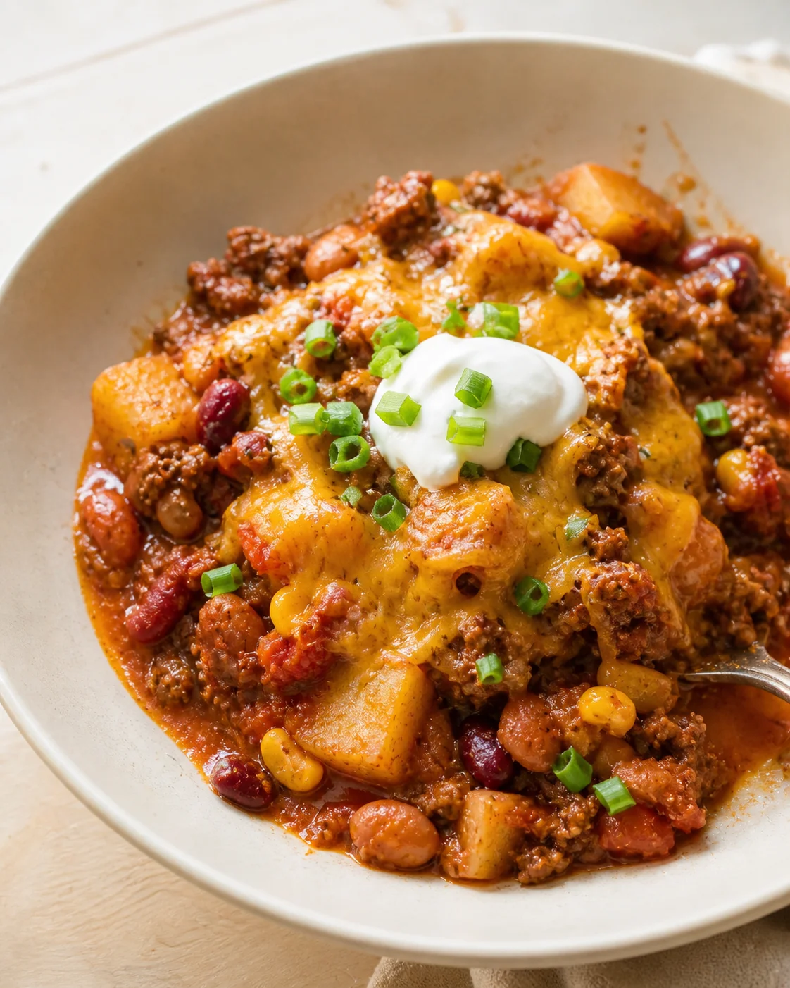 bowl of hearty cheesy beef chili with potatoes, corn, beans, sour cream and green onions