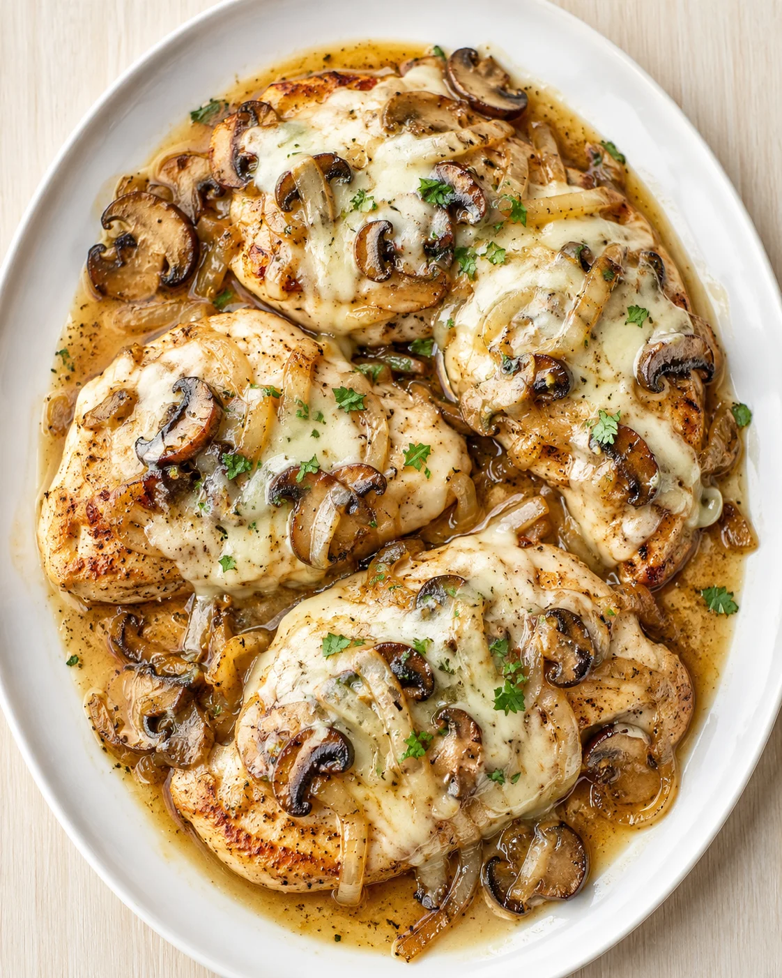 golden-brown chicken with melted cheese, mushrooms, onions, and herbs on a white oval plate