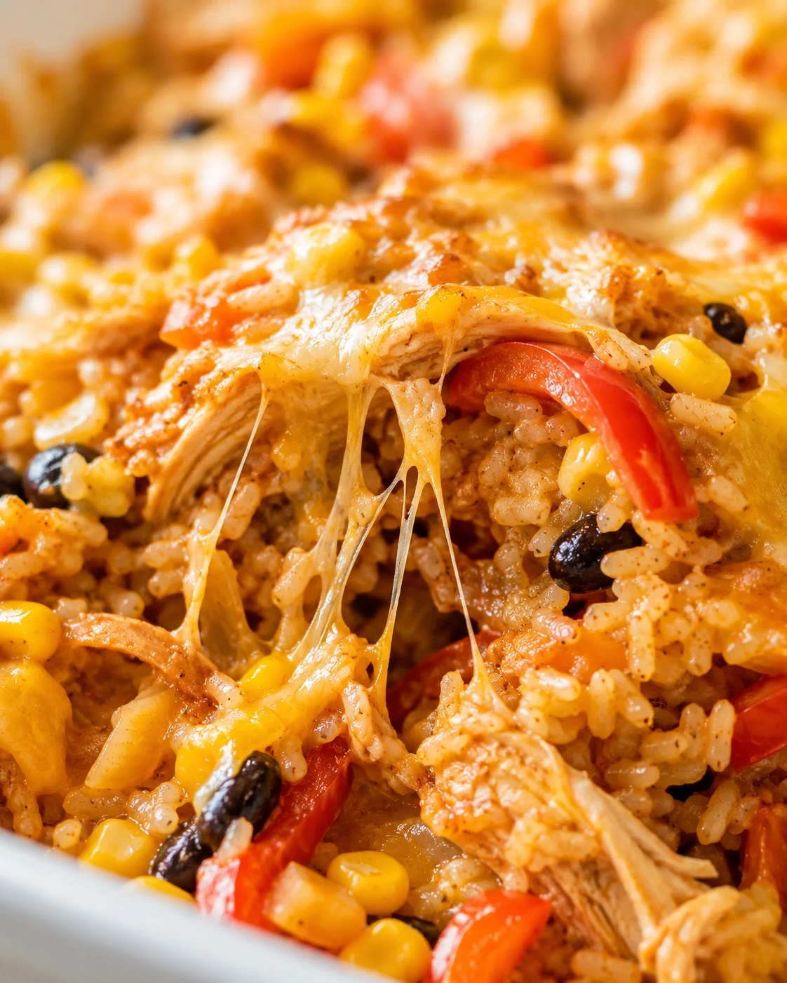 Close-up of a cheesy chicken and rice bake with corn, black beans, and red peppers.