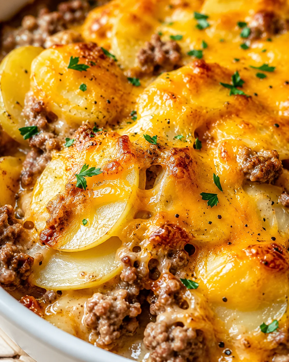 Close-up of a bubbly cheddar-topped potato and ground beef casserole with parsley garnish.