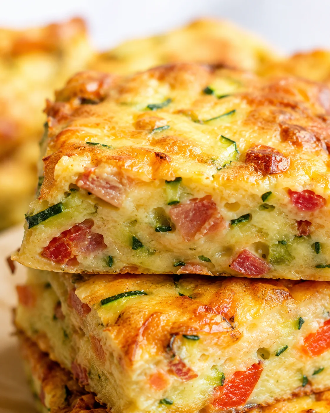 close-up of stacked golden-brown cheesy vegetable quiche slices with ham and peppers