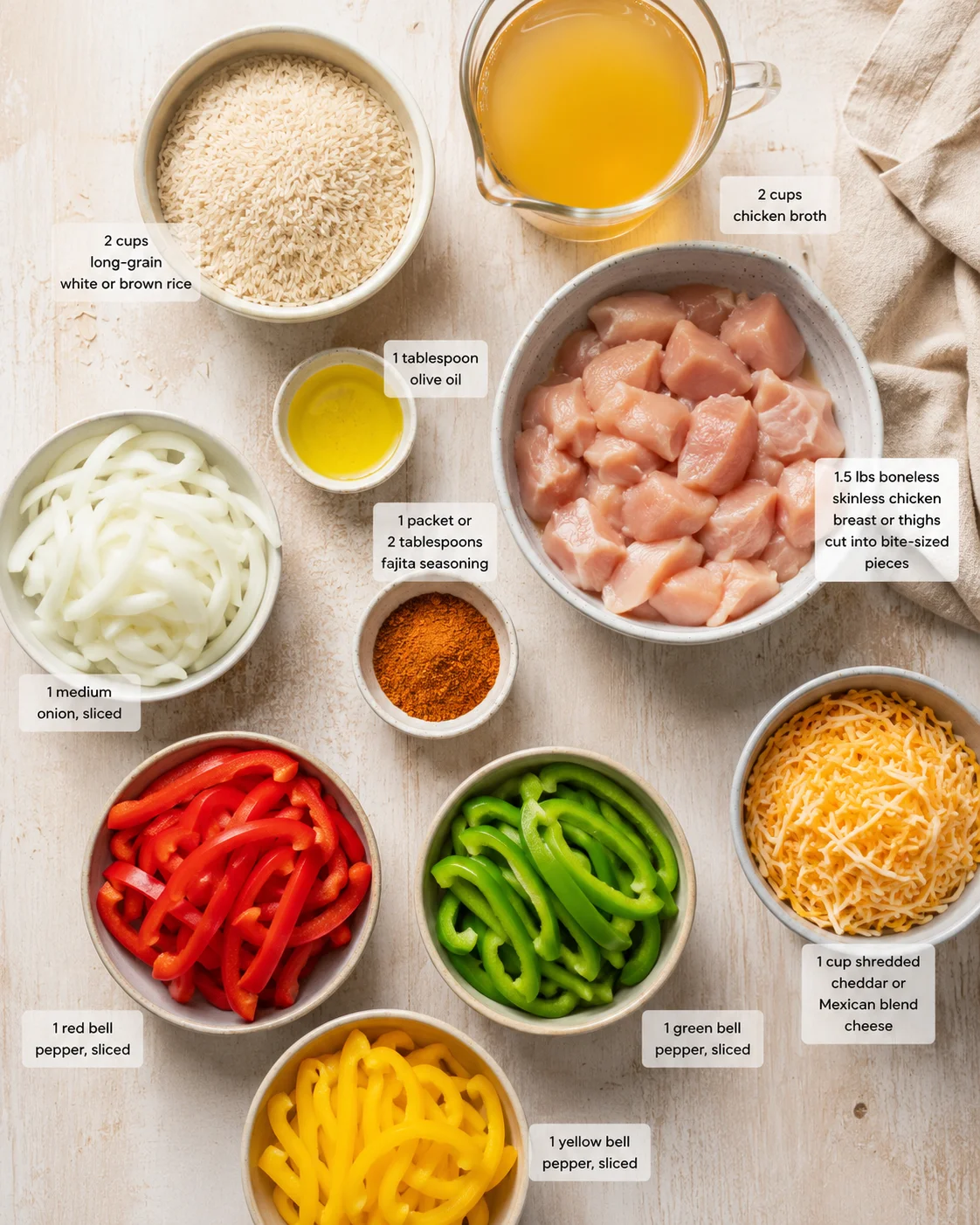 Overhead view of ingredients for chicken fajitas: sliced onions, peppers, chicken, rice, cheese, broth, oil, and spices, labeled.