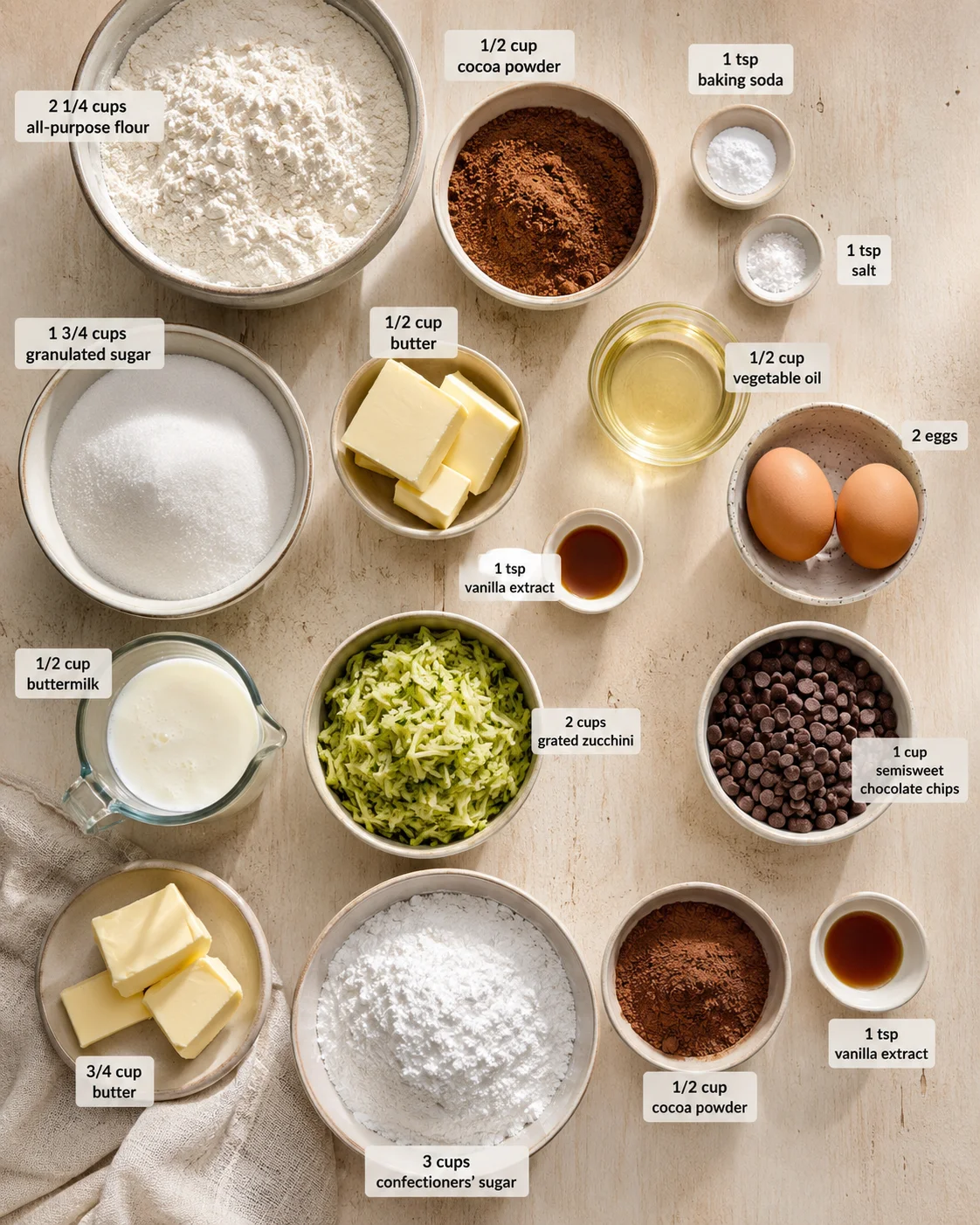Overhead shot of labeled baking ingredients arranged on a warm wooden table.