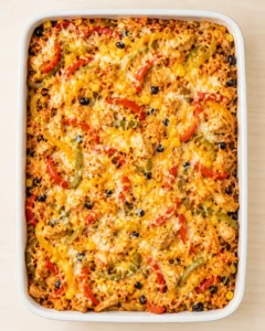 Top-down view of a cheesy chicken rice bake with peppers in a white baking dish.