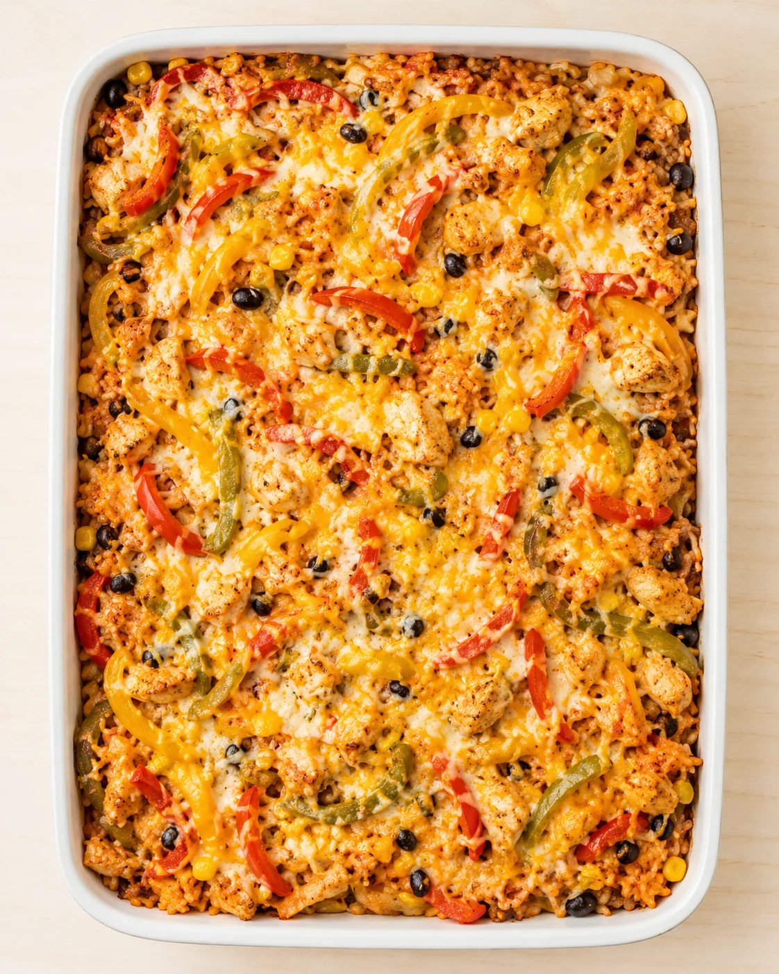 Top-down view of a cheesy chicken rice bake with peppers in a white baking dish.