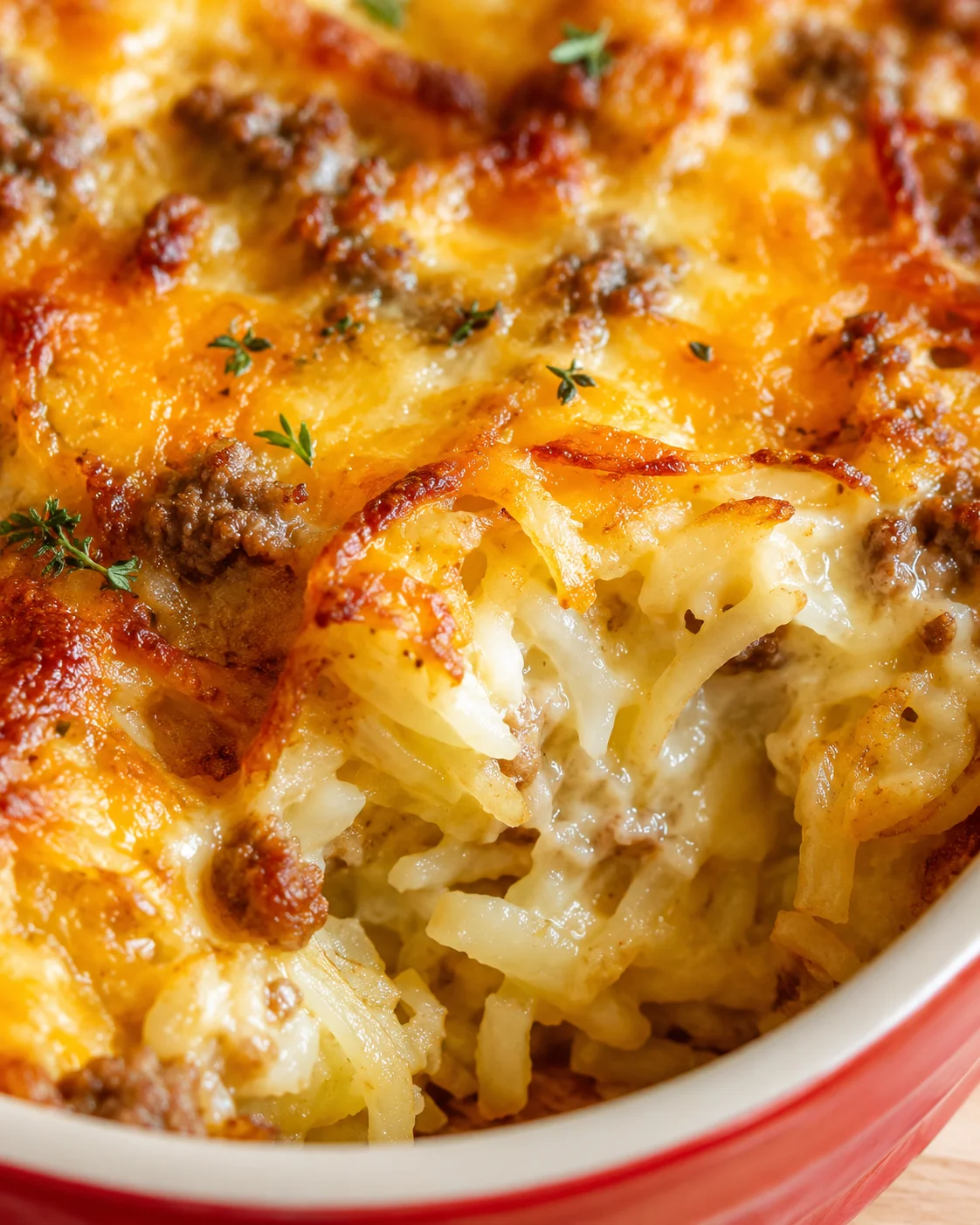 close-up of a bubbling cheesy macaroni and cheese casserole in a red baking dish