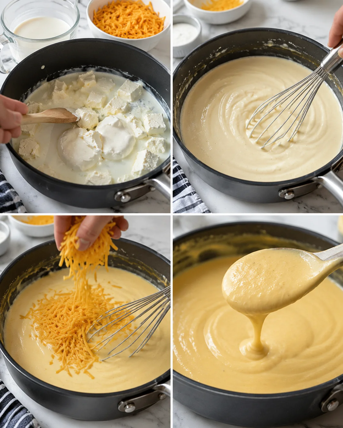 Step-by-step collage of making cheese sauce: melting cheese, whisking, and stirring creamy sauce.