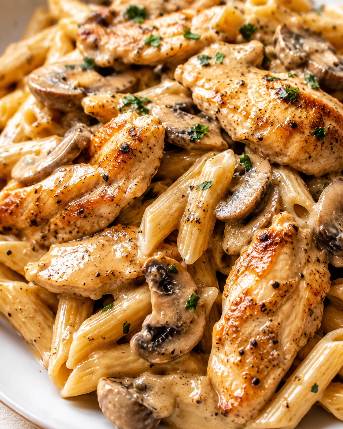 creamy chicken and mushroom pasta with herbs on a white plate.