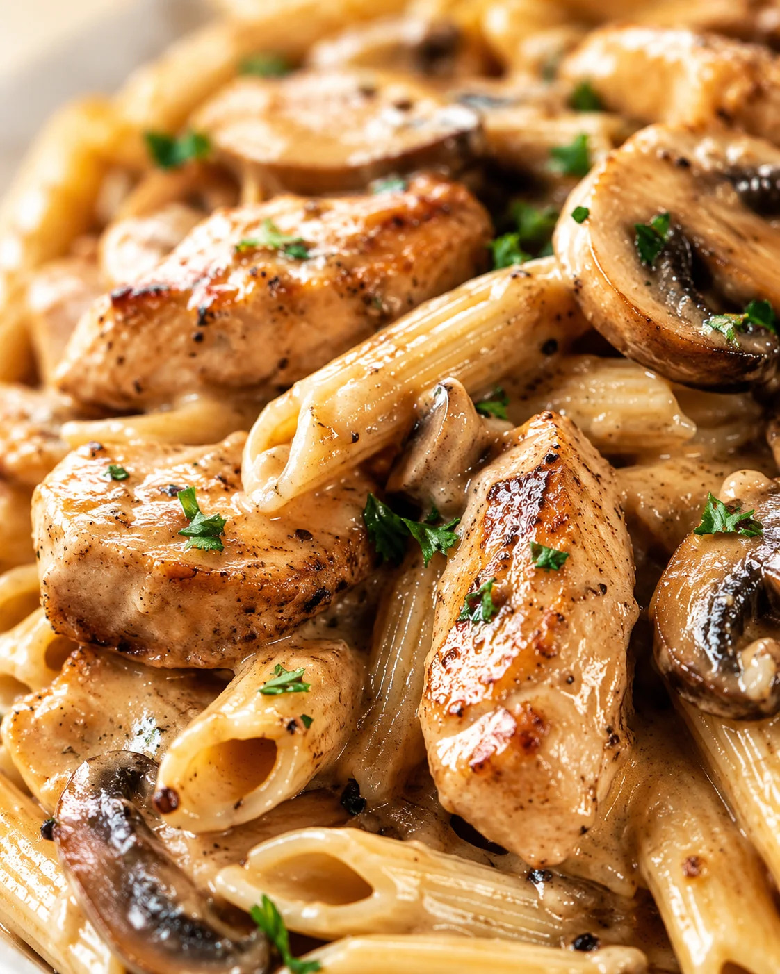 close-up view of creamy chicken and mushroom pasta with penne, garnished with parsley