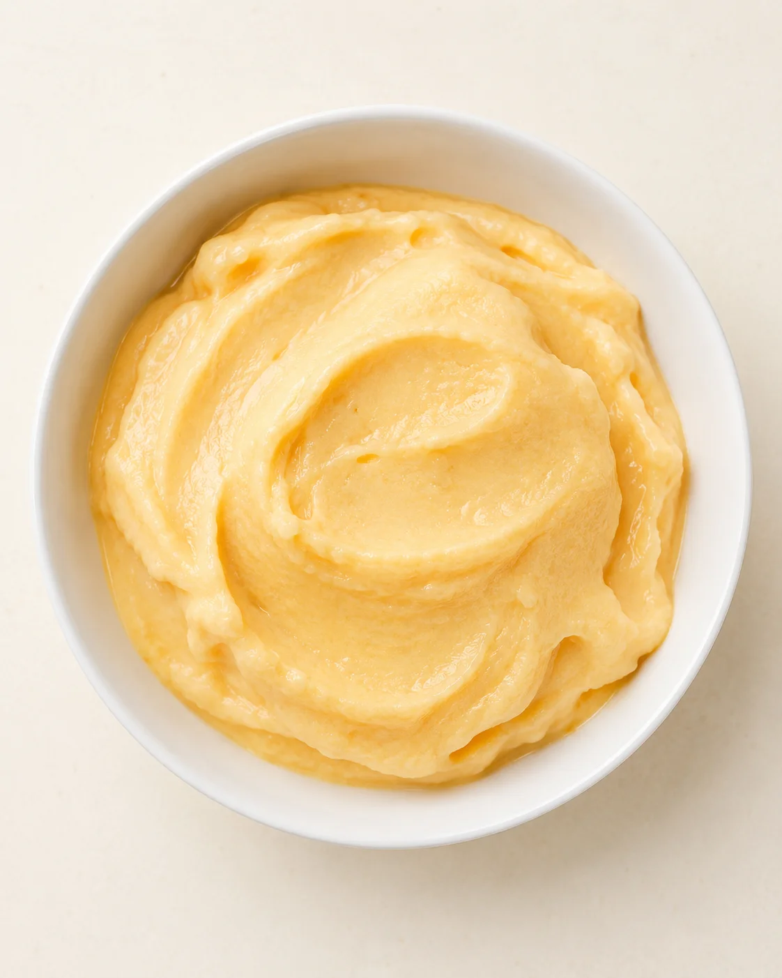 Smooth pale-yellow lemon curd swirled in a white bowl on a light beige surface.