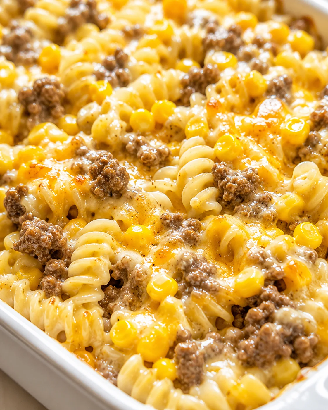close-up of creamy baked macaroni with ground beef and corn in a white casserole dish