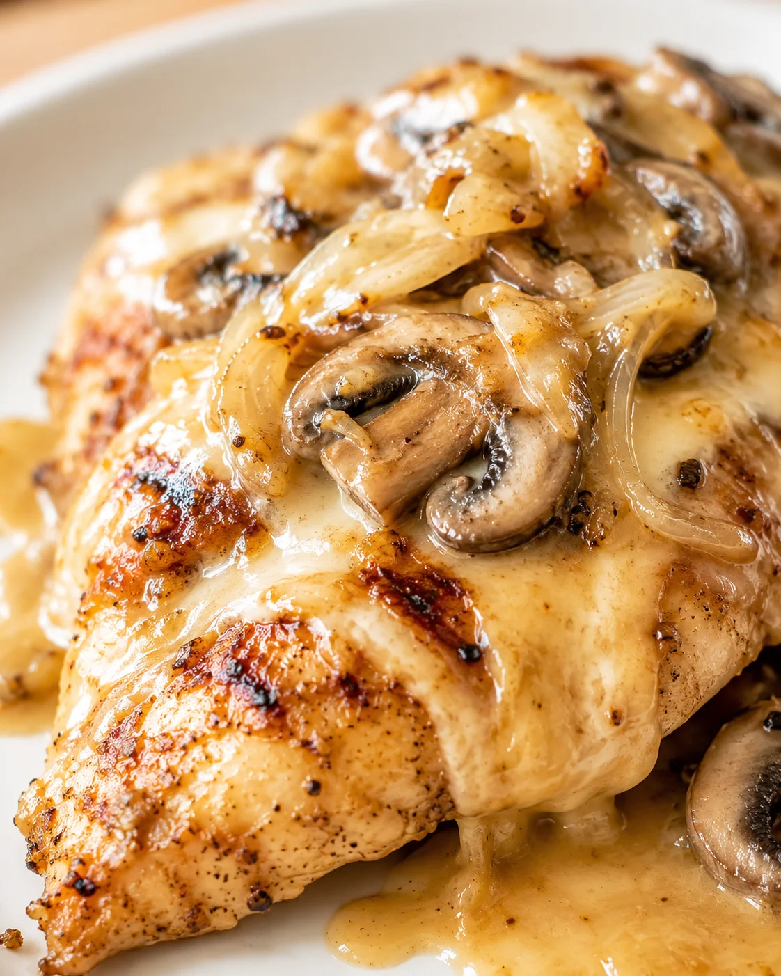 Close-up view of a pan-seared chicken thigh topped with sautéed onions and mushrooms in a creamy sauce.
