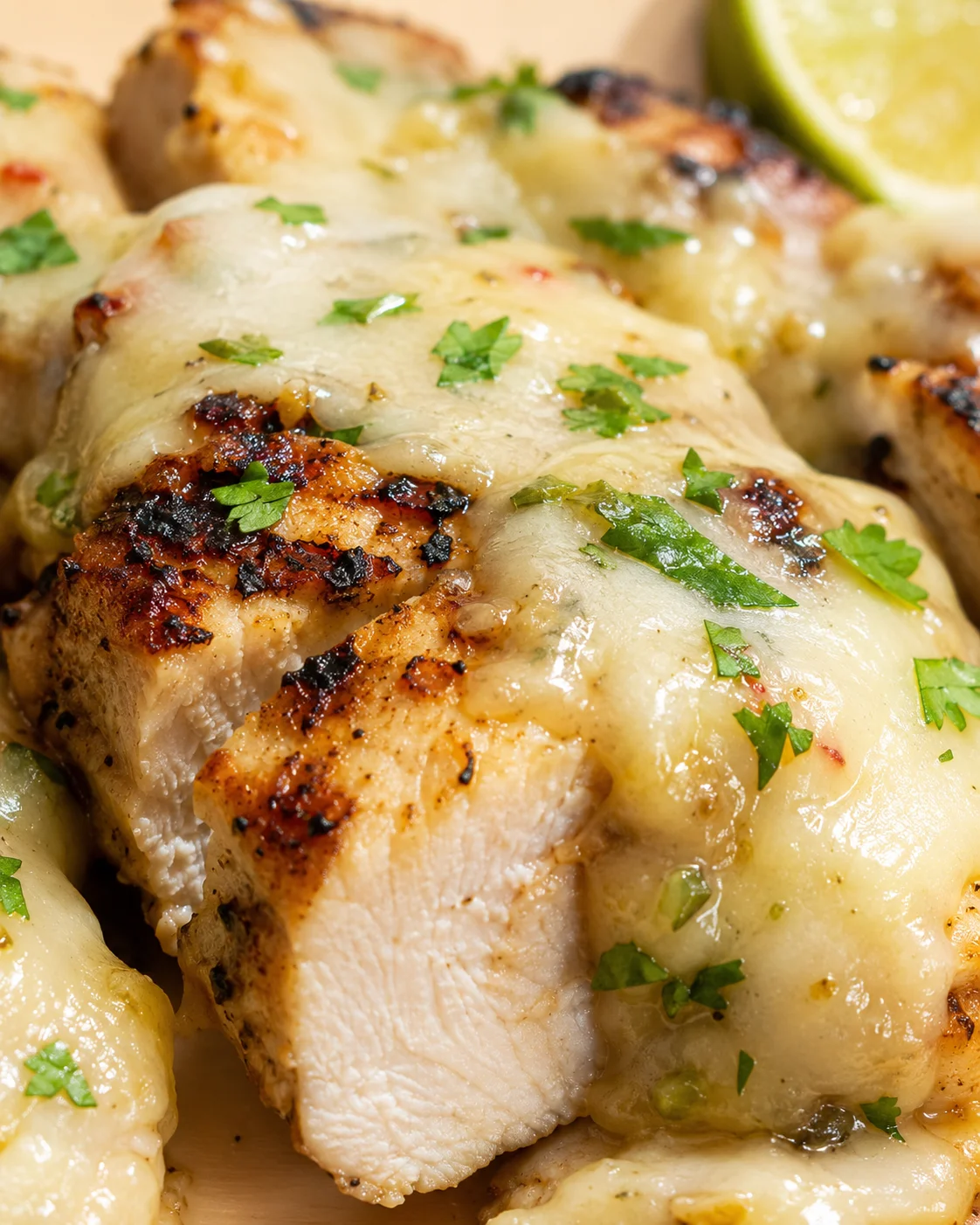 thick chicken pieces topped with melted cheese and parsley, with a lime wedge in background.