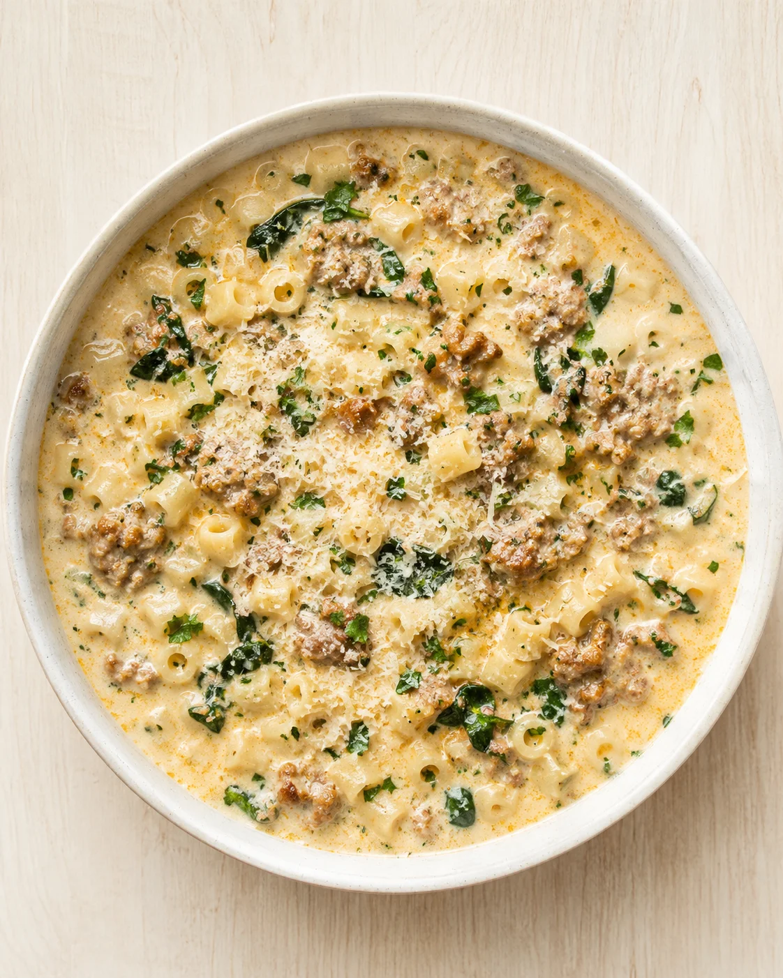 Top-down view of creamy sausage pasta in a white bowl, garnished with parsley