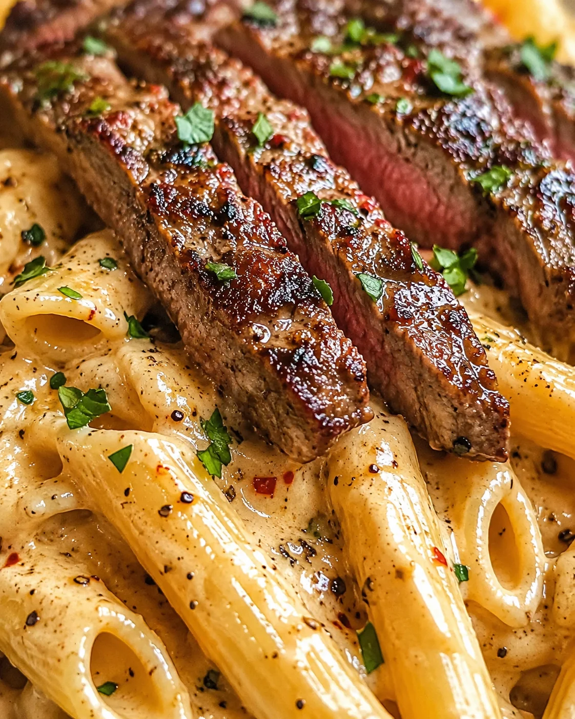 close-up of rigatoni in creamy pepper sauce topped with sliced grilled steak and parsley