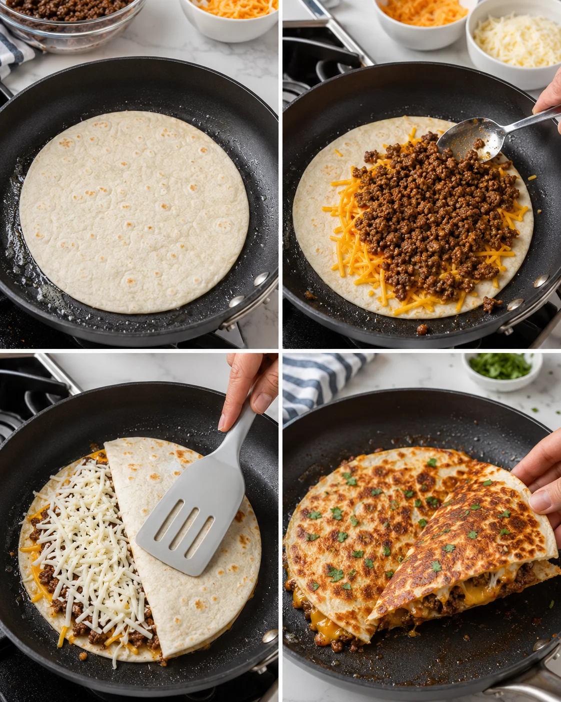 Four-panel collage showing tortilla cooking, beef and cheese filling, folding, and finished quesadilla.