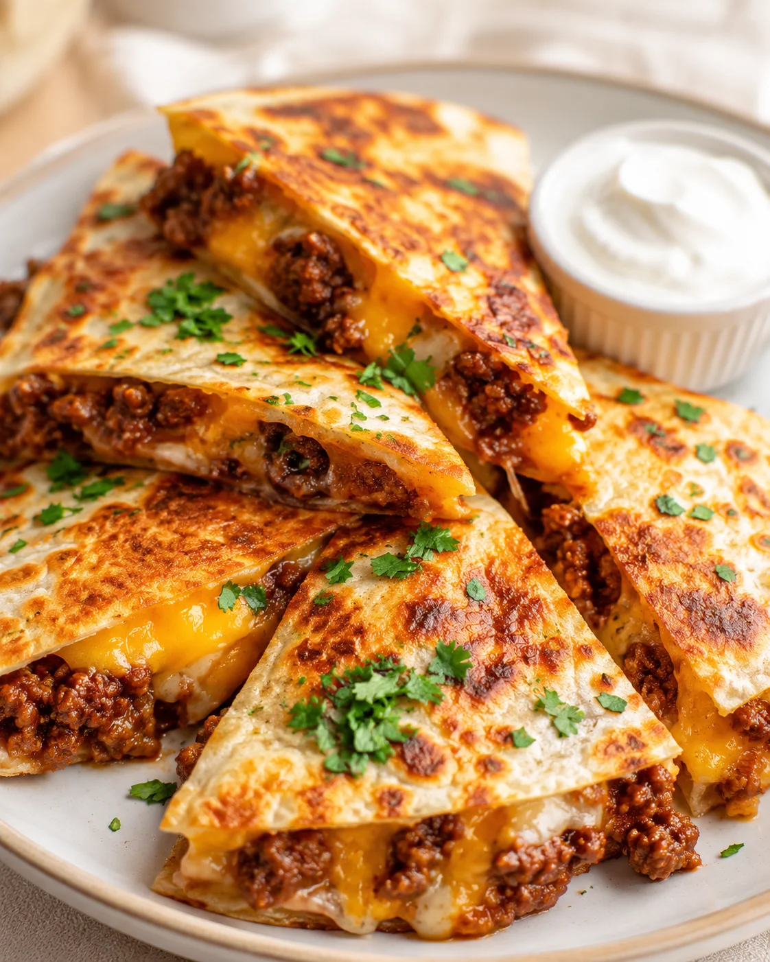 Stacked quesadilla wedges filled with beef and melted cheese, garnished with cilantro, served with sour cream.