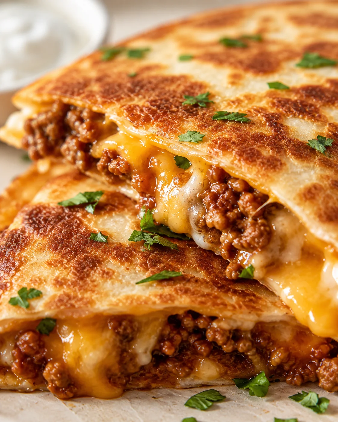 Close-up of crispy beef quesadillas with melted cheese, parsley garnish, and sour cream in the background.