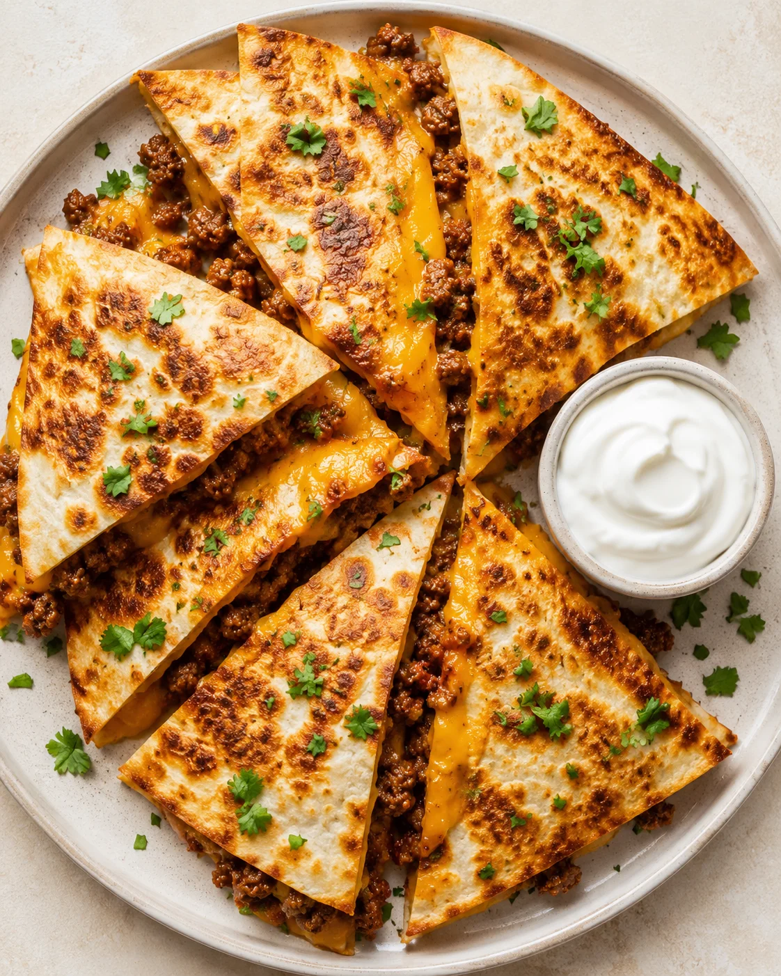 Golden-brown quesadilla triangles filled with beef and cheese, garnished with parsley, with a side of sour cream.