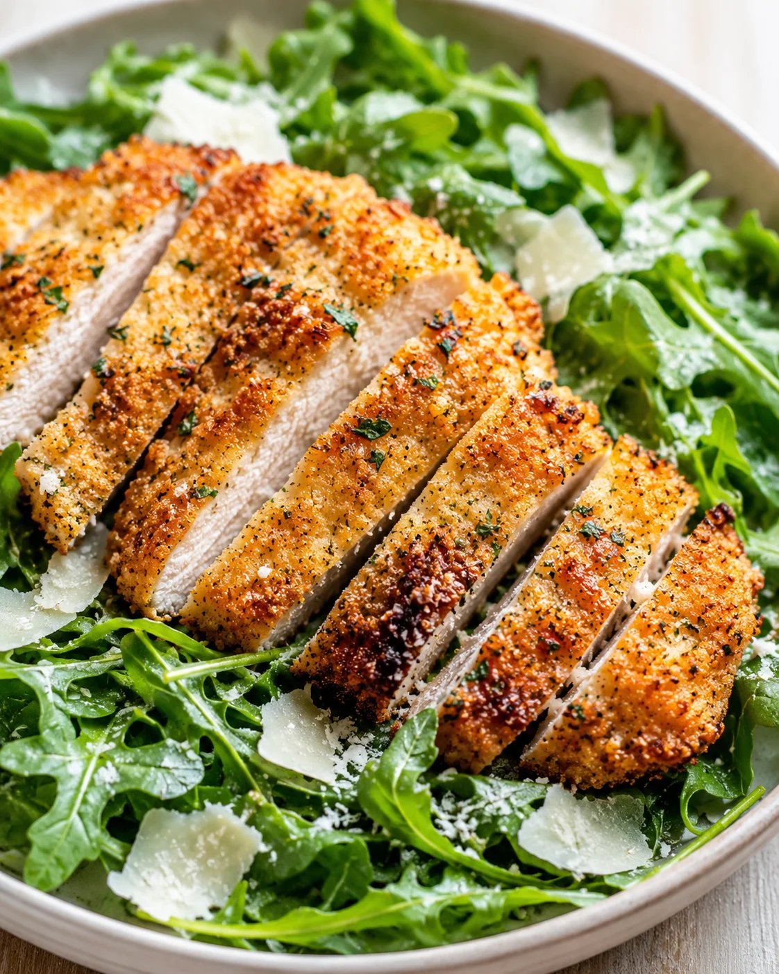 crispy parmesan-crusted chicken slices fanned over fresh arugula with shaved parmesan