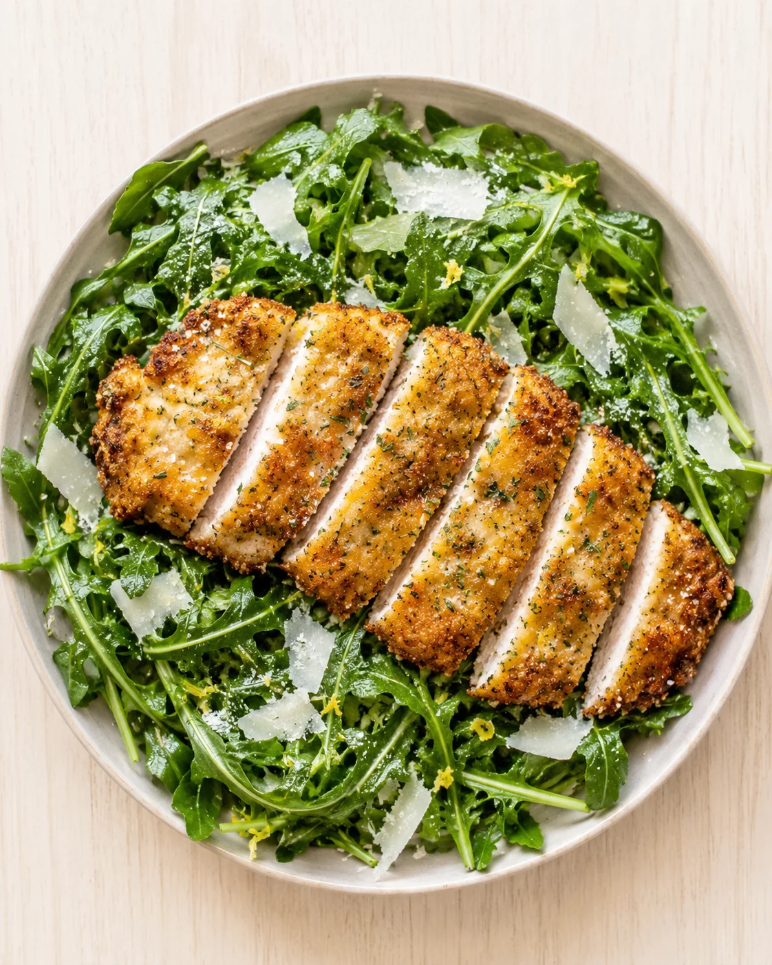Round plate with arugula salad, shaved parmesan, and sliced crispy herb-crusted chicken
