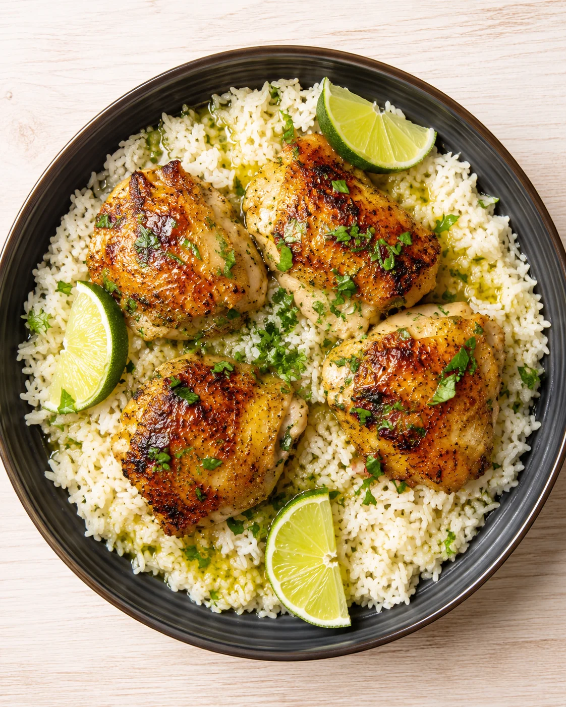 dark bowl of cilantro-lime rice topped with four crispy chicken thighs, garnished with lime wedges and herbs