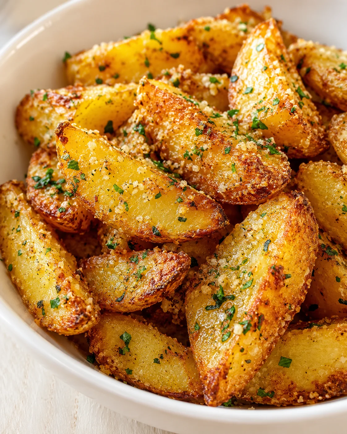 Golden brown roasted potato wedges in a white bowl, sprinkled with parsley.