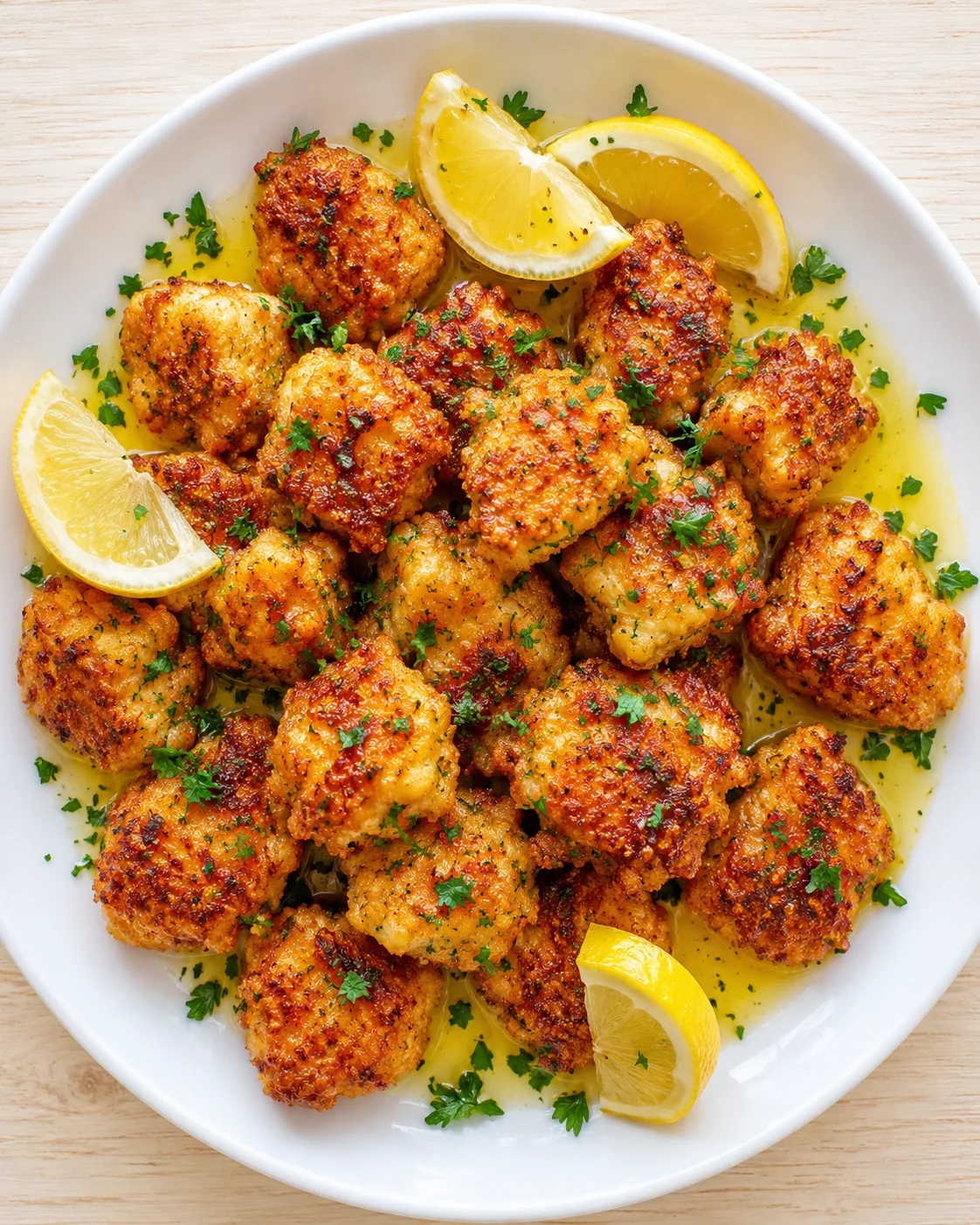 Golden crispy breaded bites on a white plate with lemon-butter sauce, garnished with parsley and lemon wedges.